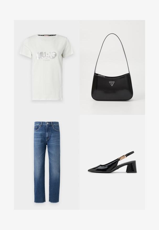 T-shirt en coton blanc à manches courtes, avec un logo en strass argenté "LIU JO MILANO" dans une police ludique sur le devant.; Jean en denim bleu avec une coupe droite, présentant une finition délavée, un style à cinq poches et un ourlet effiloché.; Bottines à talon en vernis noir avec un bout pointu et des accessoires dorés sur la bride, dotées d'un talon bloc. Texture lisse.; Sac à épaule en cuir verni noir avec une forme incurvée, présentant un logo triangle en argent et une fermeture éclair. Texture lisse et bandoulière fine.