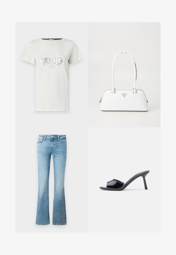 T-shirt en coton blanc à manches courtes, avec un logo en strass argenté "LIU JO MILANO" dans une police ludique sur le devant.; Jean flare en denim bleu clair avec poches avant, passants de ceinture et fermeture à bouton.; Sandales à talons ouverts en cuir verni noir, avec un design supérieur incurvé et un talon aiguille effilé. Finition lisse et brillante.; Sac à main en cuir blanc avec une forme courbée, présentant un logo triangulaire argenté et une fermeture à glissière. Texture lisse et doubles poignées.