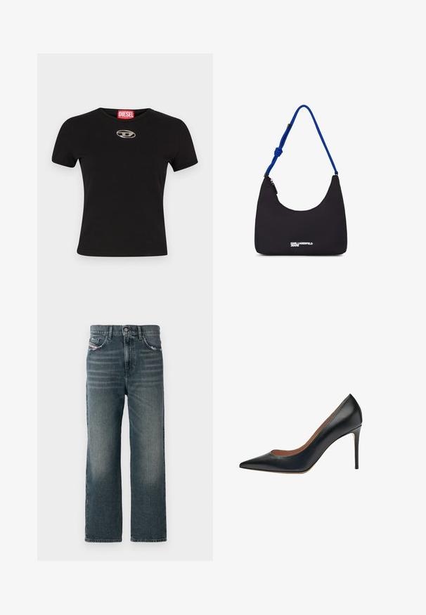 Sort kortærmet t-shirt lavet af bomuld, med en rund halsudskæring og en metallisk oval logoaccent på forsiden.; Mørkeblå lige jeans med en falmet tekstur, fem-lomme design og en lille logodetalje på forsiden lommen.; Scarosso GRETA - Højhælede pumps - black calf; Sort nylon skuldertaske med en buet form, blå rebrem og sølvlogo detaljer på forsiden. Lynlåslukning på toppen.