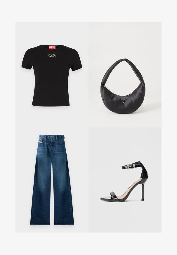 Schwarzes kurzärmeliges T-Shirt aus Baumwolle mit Rundhalsausschnitt und einem metallischen ovalen Logoakzent auf der Vorderseite.; Weite Jeans aus Denim in dunkler Waschung. Verfügt über ein traditionelles Fünf-Taschen-Design, einen Knopfverschluss und leichte Ausbleichungen an den Oberschenkeln.; Schwarzer Riemchensandale aus Lackleder mit hohem Absatz und Knöchelriemen. Verfügt über ein minimalistisches Design, offene Zehenpartie und eine Schnalle mit Strassakzenten.; Schwarze Satin-Handtasche mit geschwungener Form, ausgestattet mit einem Reißverschluss und einem dreieckigen Metallsymbol auf der Vorderseite. Glatte Textur und elegantes Design.