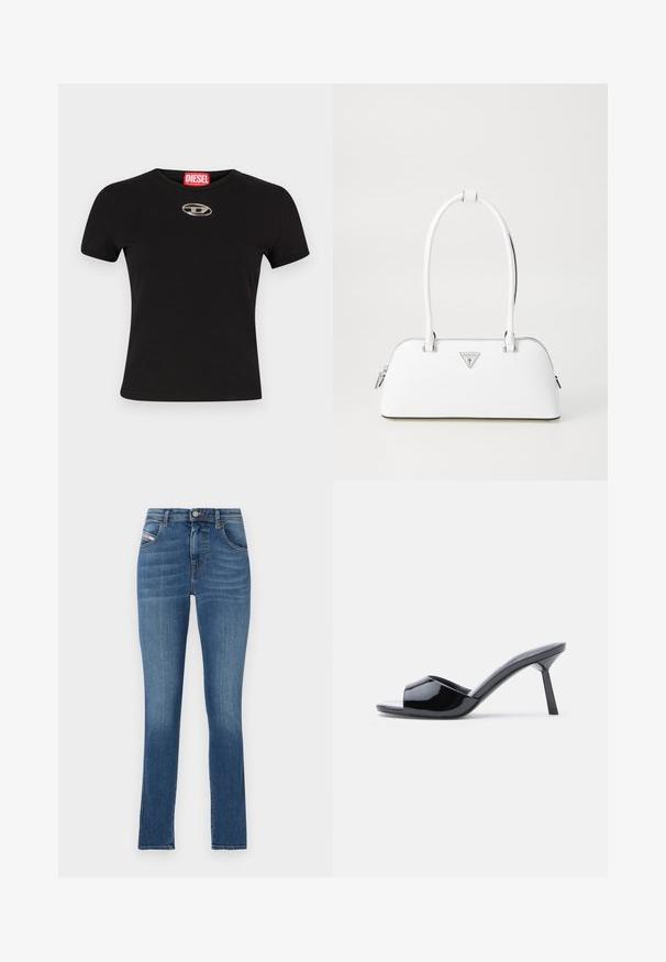 Zwart kortekorte mouw t-shirt van katoen, met een ronde halslijn en een metalen ovale logoaccent op de voorkant.; Blauwe denim jeans met een rechte snit, vijf zakken, knoopsluiting en subtiele vervaging. Glad textuur en schone zoom.; Zwarte lakleren open-teen sandalen met hak, met een gebogen bovenkant ontwerp en een taps toelopende naaldhak. Gladde glanzende afwerking.; Witte leren handtas met een gebogen vorm, voorzien van een zilveren driehoekig logo en ritssluiting. Gladde textuur en dubbele handvaten.