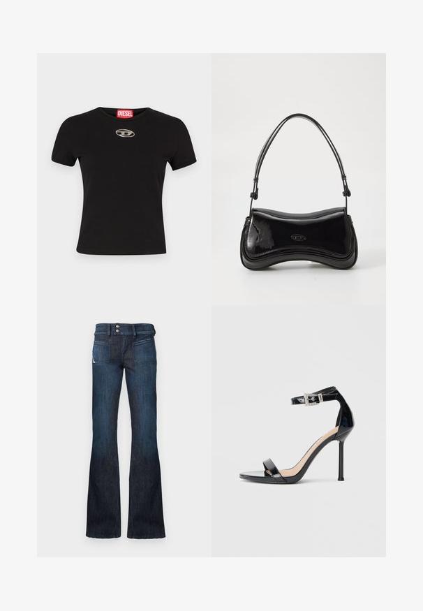 Sort kortærmet t-shirt lavet af bomuld, med en rund halsudskæring og en metallisk oval logoaccent på forsiden.; Mørkeblå denim jeans med høj talje, dobbelt knaplukning, forreste stiklommer og udvidede ben.; Sort højhælet sandal i laklæder med ankelrem. Har minimalistisk design, åben tå og spænde med rhinsten-detaljer.; Sort patentlæder håndtaske med en buet form, et enkelt håndtag og en rund bund. Har en subtil logo-detalje på forsiden.