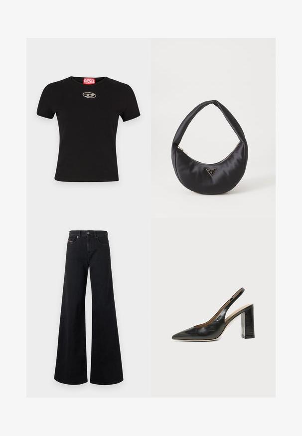 Schwarzes kurzärmeliges T-Shirt aus Baumwolle mit Rundhalsausschnitt und einem metallischen ovalen Logoakzent auf der Vorderseite.; Schwarze Jeans mit weitem Bein aus Denim, mit hoher Taille, Knopfverschluss, Vorderentaschen und minimalen Nahtdetails.; Schwarzer Leder-Slingback-Schuh mit spitzer Kappe, hohem Blockabsatz und beigegefüttertem Innenraum vor hellem, einfarbigem Hintergrund.; Schwarze Satin-Handtasche mit geschwungener Form, ausgestattet mit einem Reißverschluss und einem dreieckigen Metallsymbol auf der Vorderseite. Glatte Textur und elegantes Design.