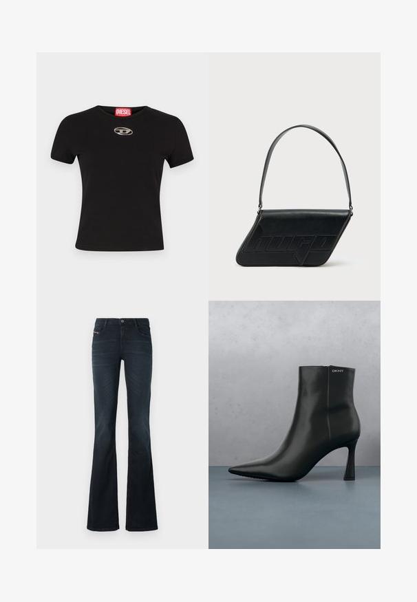 Schwarzes kurzärmeliges T-Shirt aus Baumwolle mit Rundhalsausschnitt und einem metallischen ovalen Logoakzent auf der Vorderseite.; Schlanke Jeans aus dunkelblauem Denim mit glatter Textur, fünf Taschen-Design und einem Knopfverschluss am Bund. Merkmale sind dezente Nähte.; Schwarze Leder-Stiefelette mit spitzem Zehenbereich und einem geometrischen Absatz. Verfügt über dezente Branding-Elemente und eine glatte Textur. Der Hintergrund zeigt strukturierte Fliesen.; Schwarze Leder-Umhängetasche mit dreieckiger Form, geprägt mit Logo und einem einzigen verstellbaren Riemen. Minimalistisches Design mit glatter Textur.