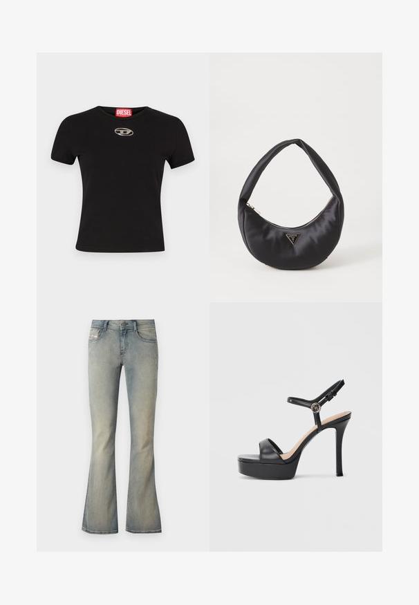 Zwart kortekorte mouw t-shirt van katoen, met een ronde halslijn en een metalen ovale logoaccent op de voorkant.; Lichtblauwe denim flare jeans met een gemiddelde taille, subtiele vervaging en standaard vijf-pocket ontwerp. Voorzien van een knoopsluiting aan de voorkant.; Zwarte platformsandalen met een hoge naaldhak, voorzien van een glad leren bovenkant, een peep-toe ontwerp en een verstelbare enkelriem met beslag.; Zwarte satin handtas met een gebogen vorm, voorzien van een ritssluiting en een driehoekig metalen logo aan de voorkant. Gladde textuur en een slank ontwerp.