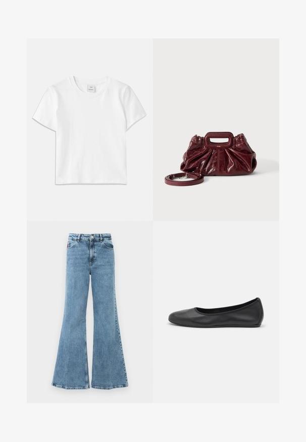 T-shirt en coton blanc avec un col rond, des manches courtes et un ourlet droit. Étiquette marquée "Won Hundred" au centre de l'encolure.; Jean en denim bleu évasé avec une taille haute. Comprend cinq poches, un tissu léger et un délavage vieilli avec une texture lisse.; Ballerines en cuir noir avec un bout rond, texture lisse, détails de couture minimalistes et design de semelle flexible.; Petit sac à main en cuir rouge foncé avec texture froncée, poignée rectangulaire découpée pour la main et bandoulière détachable sur fond blanc.
