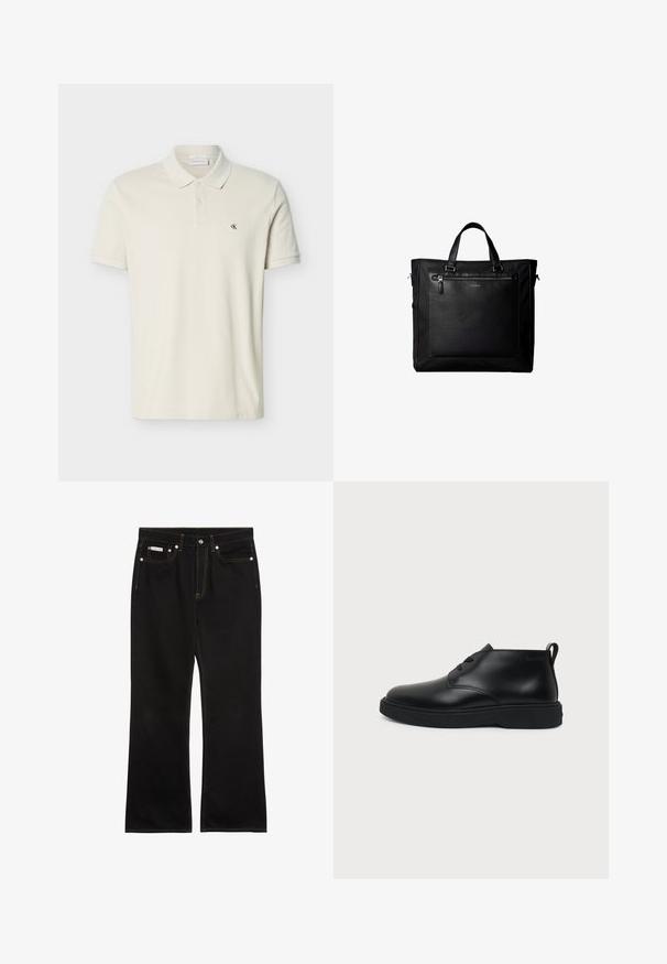 Polo à manches courtes couleur blanc cassé avec col, deux boutons sur le devant, et petit logo "cK" sur la poitrine gauche.; Jean noir droit avec coutures orange, cinq poches, fermeture par bouton, et une petite étiquette Calvin Klein sur la poche avant droite.; Chaussure montante en cuir noir à lacets avec semelle épaisse en caoutchouc et languette au talon, vue de profil sur fond uni.; Sac cabas noir avec doubles poignées, grande poche avant en cuir avec fermeture éclair et logo discret Calvin Klein au centre de la poche.