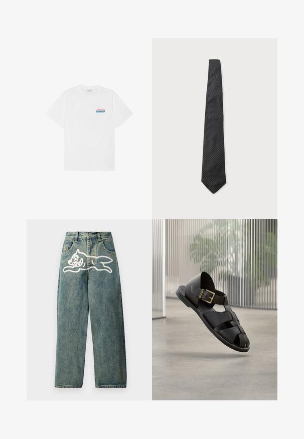 T-shirt blanc à manches courtes et col rond avec un petit logo "prince" rose et bleu sur la partie supérieure gauche de la poitrine.; Jean en denim bleu clair à coupe ample, avec un grand graphisme d'un chat blanc sur la jambe gauche et un design classique à cinq poches.; Sandale en cuir noir pour homme avec des lanières tissées et une boucle dorée, flottant au-dessus d'un sol en béton lisse dans un intérieur moderne et minimaliste.; Cravate noire avec petits pois blancs, présentée à plat sur un fond gris clair.