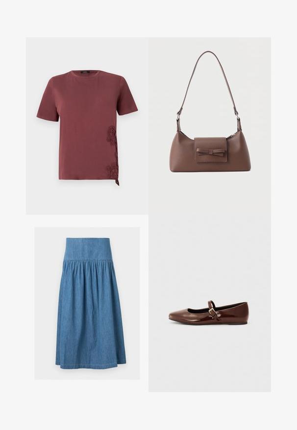 T-shirt bordeaux en tissu doux, avec des manches courtes et des détails en dentelle élaborés sur le côté, agrémenté d'un accent noué au bas.; Jupe en denim bleu mi-longue avec une large ceinture élastique et un tissu froncé pour une silhouette légèrement évasée.; Ballerine en cuir verni marron avec un bout carré et une lanière ornée d'une petite boucle dorée. Texture lisse, talon bas et design minimaliste.; Sac à bandoulière en cuir marron avec une poche à rabat avant ornée d'un détail en forme de nœud cousu et une sangle réglable.