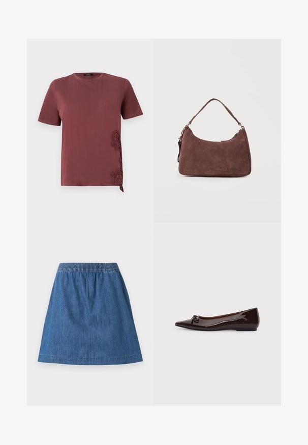 T-shirt bordeaux en tissu doux, avec des manches courtes et des détails en dentelle élaborés sur le côté, agrémenté d'un accent noué au bas.; Jupe trapèze en denim bleu avec taille élastique et coutures visibles le long de l'ourlet et de la taille, présentée sur fond blanc.; Chaussure plate marron brillante à bout pointu avec un petit nœud sur le devant et un petit talon sur un fond uni.; Sac bandoulière en daim marron avec une anse unique et une fermeture éclair, présenté sur un fond clair uni.