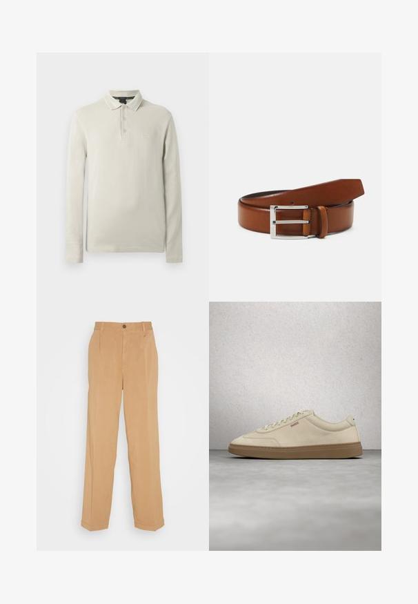 Polo à manches longues de couleur beige clair, confectionné dans un tissu doux. Comprend un col, une patte de boutonnage à trois boutons et une broderie discrète du logo sur la poitrine.; Pantalons larges beiges en tissu doux, dotés de deux poches avant, d'une fermeture à bouton et de plis le long des jambes.; Baskets en daim beige clair avec une semelle en caoutchouc gomme, des lacets prononcés et des détails de couture subtils. Design épuré avec une esthétique minimaliste.; Ceinture en cuir marron avec une texture lisse, dotée d'une boucle rectangulaire en métal argenté et d'une extrémité effilée.