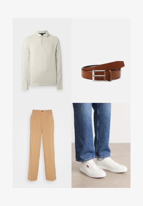 Polo à manches longues de couleur beige clair, confectionné dans un tissu doux. Comprend un col, une patte de boutonnage à trois boutons et une broderie discrète du logo sur la poitrine.; Pantalons larges beiges en tissu doux, dotés de deux poches avant, d'une fermeture à bouton et de plis le long des jambes.; Baskets blanches avec une surface lisse, un bout rond et une semelle plate. Accompagnées d'un jean en denim bleu avec une coupe droite et des coutures visibles.; Ceinture en cuir marron avec une texture lisse, dotée d'une boucle rectangulaire en métal argenté et d'une extrémité effilée.