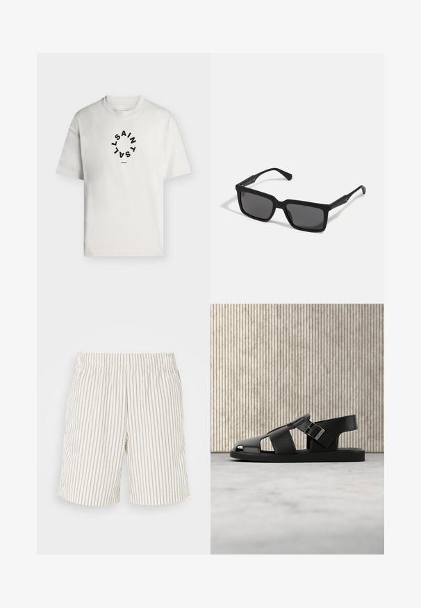 Hvid T-shirt med korte ærmer og rund halsudskæring med sort cirkulær tekst, der staver "SAINT LAINT" og "LONDON" under cirklen.; Stribede shorts i et let og åndbart stof. Farven er off-white med tynde, lodrette grå striber. Elastisk talje.; Sort lædersandal med spænde, åbent tå-design, vist på beige tæppe med sløret brun møbelbaggrund.; Sorte solbriller med rektangulære linser, mat finish, tykke stel og slanke arme med en subtil brandingdetalje.