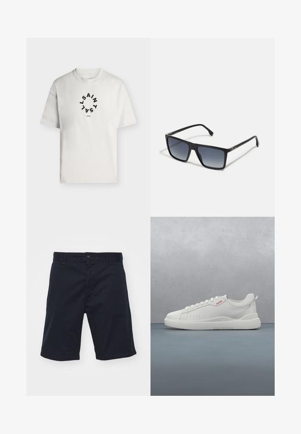 Hvid T-shirt med korte ærmer og rund halsudskæring med sort cirkulær tekst, der staver "SAINT LAINT" og "LONDON" under cirklen.; Mørkeblå bomuldsshorts med knaplukning, lige snit og forlommer. Har en glat overflade og enkelt design.; Hvide sneakers med en glat læderfinish, rund tå, fire snørehuller, subtile perforeringer og en rød logo detalje på siden.; Sorte rektangulære solbriller med gradientlinser fra mørk til lys. Plastikrammer med strømlinet design og minimal hardwaredetalje på siderne.