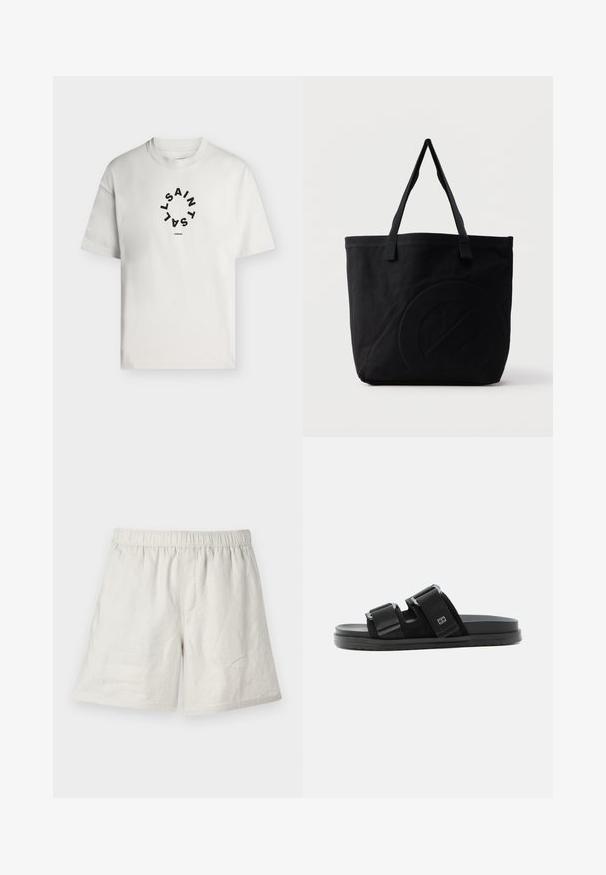 Hvid T-shirt med korte ærmer og rund halsudskæring med sort cirkulær tekst, der staver "SAINT LAINT" og "LONDON" under cirklen.; Lysbeige linnedshorts med elastisk talje, der har en afslappet pasform og minimale sømme for et simpelt, afslappet design.; Sort slidesandale med to justerbare remme og spænder, flad sål og et lille rektangulært logo på den øverste rem.; Sort canvas-tote-taske med to skulderstropper og et diskret præget cirkeldesign på fronten.