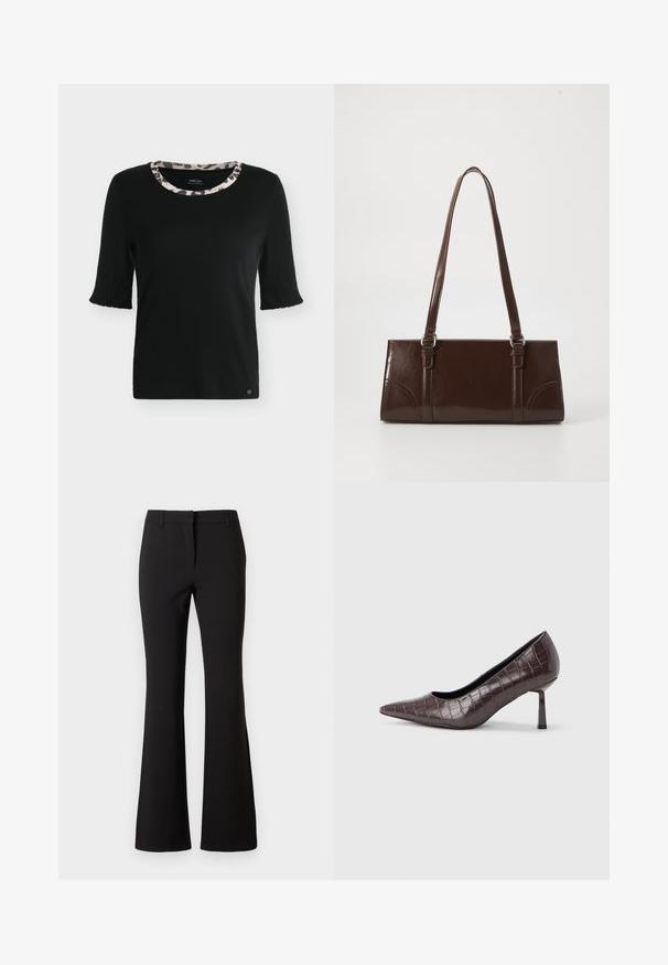 Chemise noire à manches courtes avec un col rond présentant une bordure imprimée animal beige et noire, affichée sur fond blanc.; Pantalon évasé noir en tissu lisse, présentant un pli frontal, des passants de ceinture et une coupe ajustée. Design épuré sans motifs visibles.; Escarpins à bout pointu en similicuir marron avec une texture crocodile, dotés d’un talon fin et angulaire ainsi que d’une doublure intérieure lisse.; Sac à main en cuir verni marron de forme rectangulaire, avec deux longues poignées et des accents courbés subtils à l'avant.