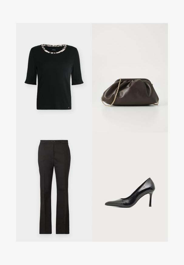 Chemise noire à manches courtes avec un col rond présentant une bordure imprimée animal beige et noire, affichée sur fond blanc.; Pantalon noir sur mesure à jambes droites, taille avec une petite ceinture et une boucle, présenté sur un fond clair uni.; Chaussure à talon haut pour femme en cuir verni noir avec bout pointu et talon fin sur fond clair uni.; Sac à main en cuir marron avec un design froncé, une bandoulière en chaîne dorée et une finition douce et texturée. Sa forme compacte est idéale pour une utilisation en soirée.