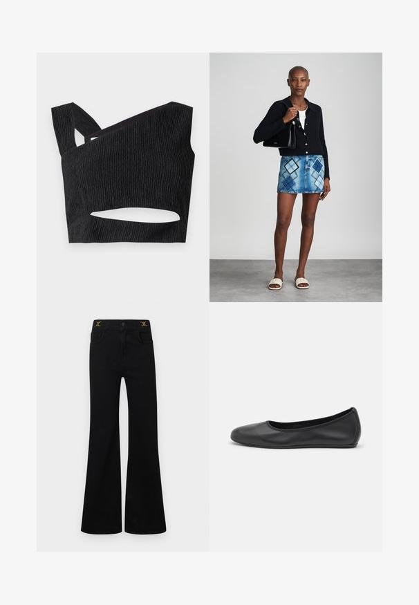 Top court noir en tissu texturé, décolleté asymétrique et détail découpé à la taille. Équipé de larges bretelles et d'un design ajusté.; Jean noir évasé avec taille haute, cinq poches, détails en métal doré, et une texture denim lisse.; Ballerines en cuir noir avec un bout rond, texture lisse, détails de couture minimalistes et design de semelle flexible.; Un cardigan en maille noir, un haut blanc, une jupe en denim avec un motif de diamants bleus et noirs, un sac à main noir et des sandales à enfiler beiges.