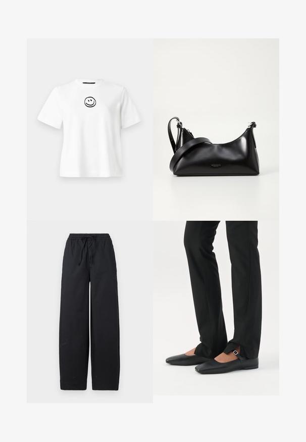 T-shirt en coton blanc avec des manches courtes, un col rond et un smiley noir brodé au centre. Texture lisse.; Pantalons larges noirs en tissu doux, dotés d'une taille élastique avec cordon de serrage et sans motifs ni accents visibles.; Jambes vêtues d’un pantalon slim noir avec des fentes à l’avant de l’ourlet, assorties à des chaussures plates Mary Jane noires avec une petite bride à boucle.; Sac à main en cuir noir avec une texture lisse. Dispose d'une bandoulière adjustable et d'un design élégant et minimaliste avec une fermeture éclair.