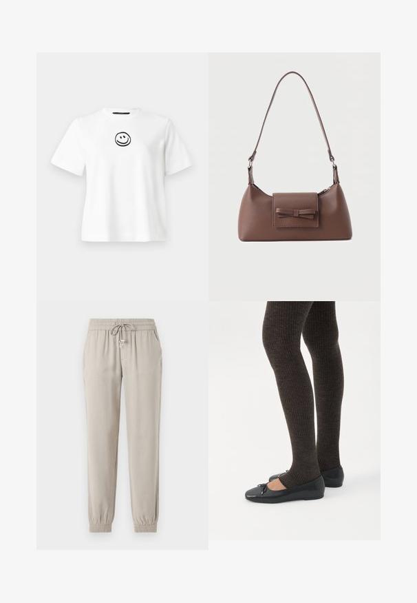T-shirt en coton blanc avec des manches courtes, un col rond et un smiley noir brodé au centre. Texture lisse.; Pantalons de jogging beige clair en tissu doux, dotés d'une taille élastique avec un cordon de serrage, de poches latérales et de poignets élastiques.; Jambes portant des leggings côtelés foncés associés à des ballerines noires avec de petits détails en nœud sur fond blanc.; Sac à bandoulière en cuir marron avec une poche à rabat avant ornée d'un détail en forme de nœud cousu et une sangle réglable.