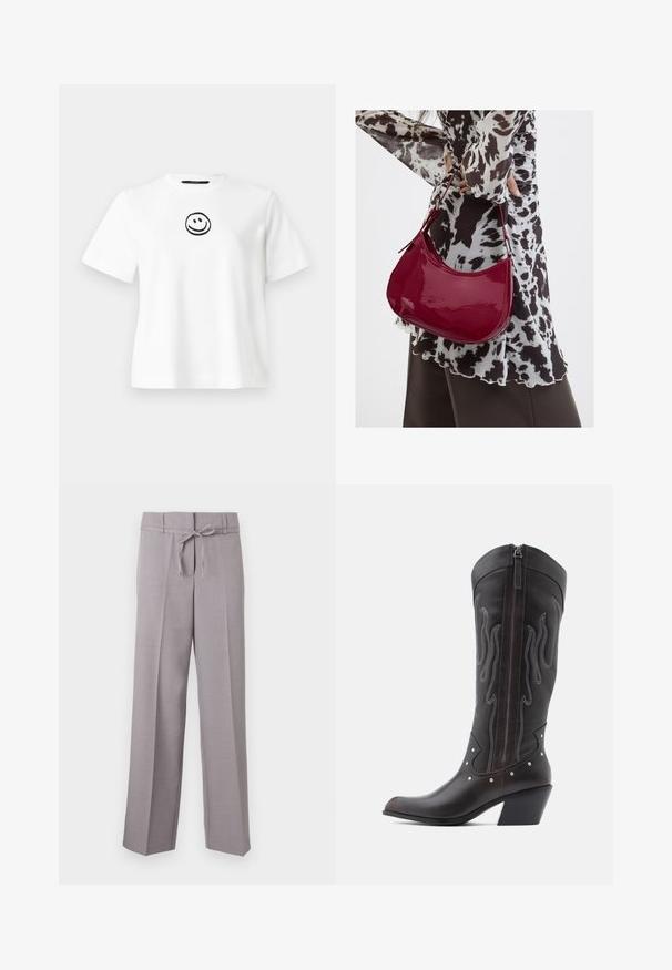 T-shirt en coton blanc avec des manches courtes, un col rond et un smiley noir brodé au centre. Texture lisse.; Pantalons larges gris clair en tissu doux, avec une taille à cordon et des plis marqués pour un ajustement structuré.; Bottes de cowboy en cuir marron avec surpiqûres en forme de flammes, fermeture éclair latérale, clous argentés, bout pointu et talon superposé.; Femme portant un chemisier à motif noir et blanc tenant un sac à main rouge brillant sur un fond uni.