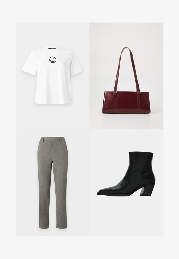 T-shirt en coton blanc avec des manches courtes, un col rond et un smiley noir brodé au centre. Texture lisse.; Pantalon slim fit gris confectionné avec passants de ceinture et ourlets retroussés, adapté pour une tenue formelle ou de bureau.; Bottine en cuir noir avec un bout pointu, une silhouette élégante et un talon carré massif. Texture lisse avec des détails de couture minimalistes.; Sac à main bordeaux en matériau brillant, de forme rectangulaire, avec deux anses et des accents légèrement courbés à l'avant.