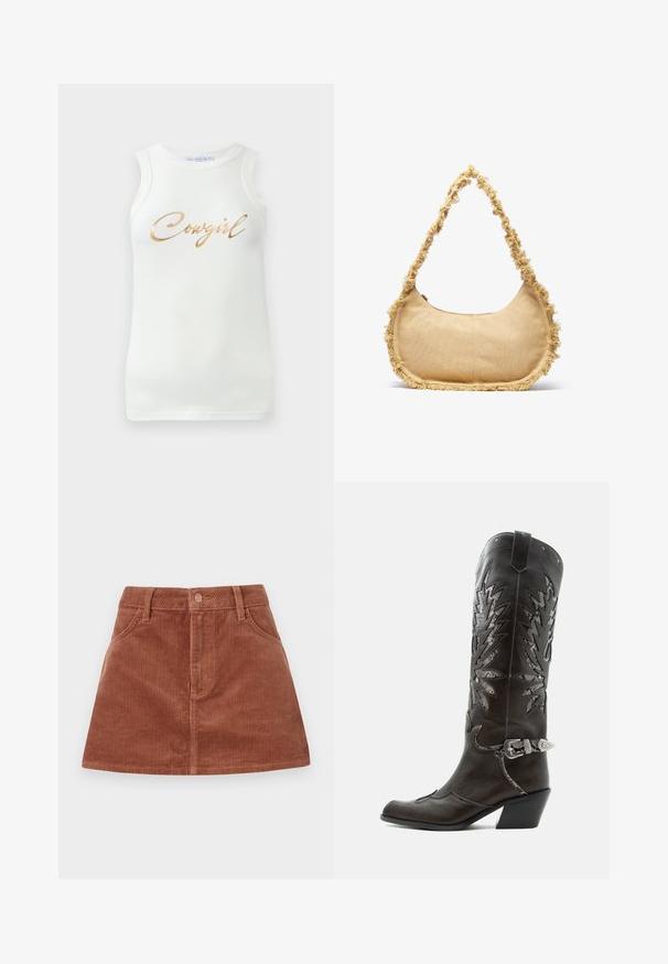 Witte mouwloze geribbelde tanktop met gouden metallic tekst "Cowgirl" op de borst, weergegeven op een effen achtergrond.; Bruine corduroy mini-jurk met verticale geribde textuur, voorzakken, een knoopsluiting en een rechte snit.; Zwarte leren cowboylaars met decoratieve uitsnijdingen, zilveren gesp en schuine hak, weergegeven op een witte achtergrond.; Geverfde beige tas met een ronde vorm, rafelige rand langs de randen en een korte schouderband. Ritsopening aan de bovenkant.