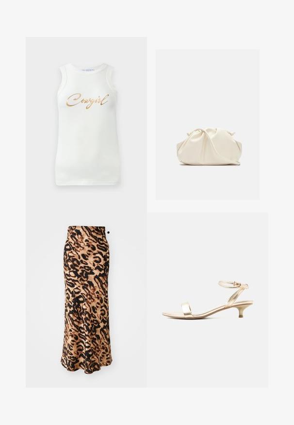 Hvid ærmeløs ribbet top med guldmetallic skrift, der står "Cowgirl" på tværs af brystet, præsenteret på en ensfarvet baggrund.; Maxikjole med leopardprint og en tætsiddende talje, lavet af blødt stof, med nuancer af brun og sort i en svævende A-formet silhuet.; Guld lavhælet sandal med enkelt tårem og justerbar ankelrem, tynd sål og lille hæl på hvid baggrund.; Blød, cremefarvet læder clutch taske med samlet, rynket design og en tynd skulderrem, der hviler foran på en ensfarvet baggrund.