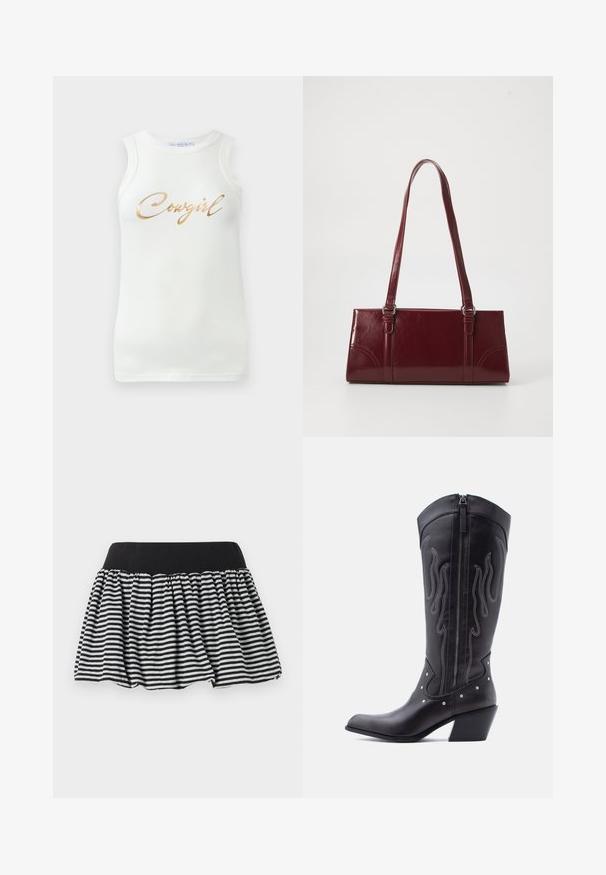 Valge ilma varrukateta ribane tank top, millel on kuldne metalliline kiri "Cowgirl" rinna peal, esitletud ühetoonilisel taustal.; Mustro mustriga mustriga seelik, millel on kogumisega disain ja elastne vöökoht, valmistatud pehmest materjalist. Omab ääristatud kuju, mis lisab täidlust.; Mustad nahast kauboisaapad terava ninaga, nähtavate õmblustega, hõbedaste naelakujuliste aksessuaaridega ja siseküljel lukuga.; Burgundia värvi käekott, mis on valmistatud läikivast materjalist, ristküliku kujuline, kahe õlapaelaga ning ees on peened kaarjad aktsendid.