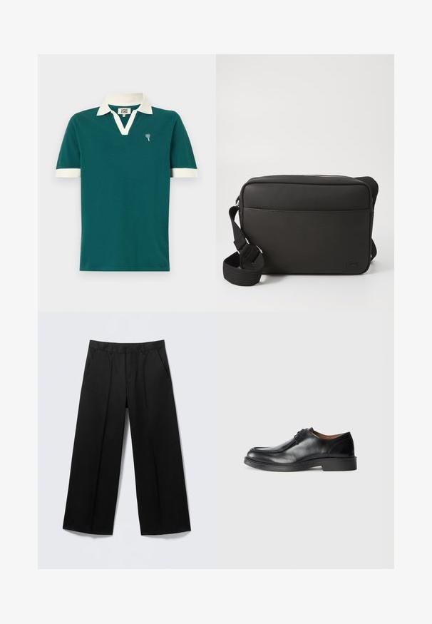 Polo de color teal con cuello y acentos en las mangas en blanco. Presenta un diseño de cuello en V y un pequeño emblema decorativo en el lado izquierdo del pecho.; Pantalones negros de pierna ancha con trabillas para cinturón, bolsillos delanteros y cierre de cremallera, exhibidos sobre un fondo gris claro.; Zapato de vestir de cuero negro con punta redonda, superficie lisa, detalles de cordones y suela de goma texturizada baja. Líneas limpias y diseño minimalista.; Bandolera negra hecha de tejido texturizado, con cierre de cremallera, correa ajustable y logotipo en relieve en el panel frontal.