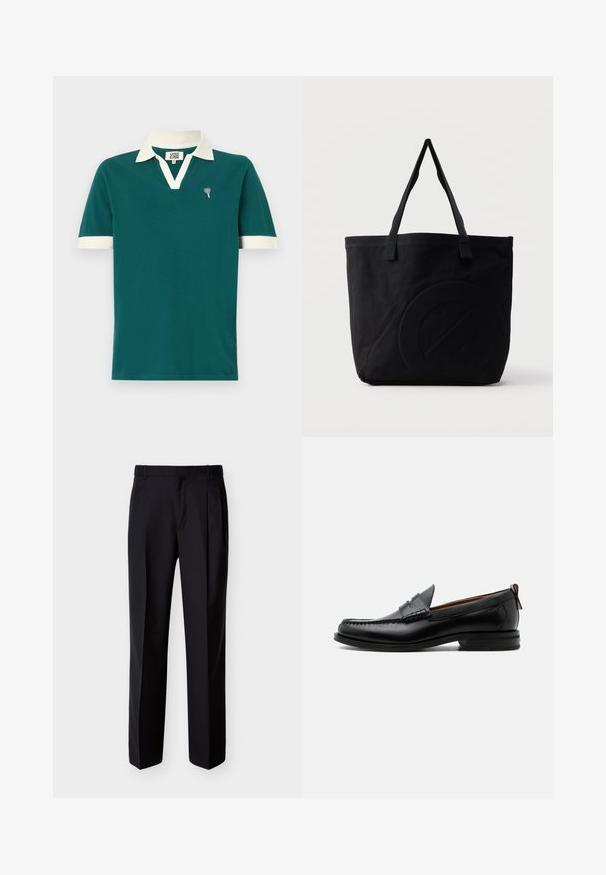 Polo de color teal con cuello y acentos en las mangas en blanco. Presenta un diseño de cuello en V y un pequeño emblema decorativo en el lado izquierdo del pecho.; Pantalones negros hechos a medida con corte recto, pinzas delanteras y bolsillos laterales. Elaborados con una tela suave y ligera con un patrón sólido.; Mocasín de hombre de piel negra con costura moc toe, tira penny, cuello texturizado y tacón bajo apilado sobre fondo blanco.; Bolsa tote de lona negra con dos correas para el hombro y un diseño circular en relieve sutil en el frente.