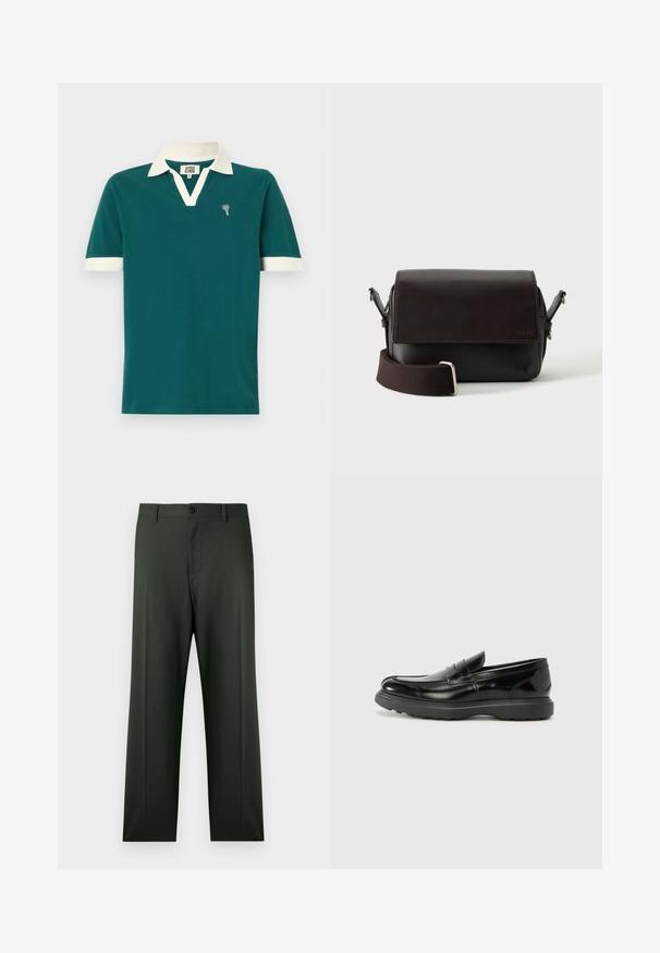 Tee-Polohemd in Türkis mit weißem Kragen und Akzenten an den Ärmeln. Verfügt über ein V-Ausschnitt-Design und ein kleines dekoratives Emblem auf der linken Brust.; Dunkelgrüne Hose mit geradem Bein, Gürtelschlaufen, Knopfverschluss sowie Front- und Gesäßtaschen und glatter Textur.; Schwarze Lederloafer mit glanzendem Finish, abgerundetem Zehenbereich, subtilen Steppnähten und einer dicken Gummisohle für Langlebigkeit.; Dunkelbraune Leder-Umhängetasche mit Klappenverschluss und verstellbarem Stoffriemen auf weißem Hintergrund.