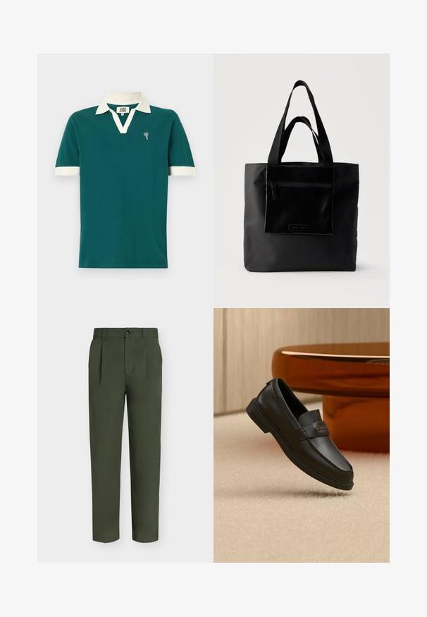 Teal poloshirt met een witte kraag en accenten op de mouwen. Heeft een v-halsontwerp en een klein decoratief embleem op de linkerborst.; Donkergroene rechte broek met plooien, riemlussen, zijzakken en een voorsluiting met knoop en rits, getoond op een effen achtergrond.; Zwarte leren instapperschoen met gestikte accenten, verhoogde kraag en een platte rubberen zool, geplaatst bovenop een zachte beige ondergrond.; Zwarte boodschappentas met voorvak met ritssluiting en dubbele handvatten, afgebeeld tegen een effen lichte achtergrond.