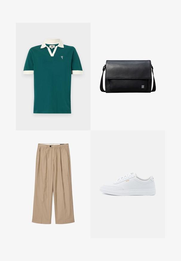 Polo de color teal con cuello y acentos en las mangas en blanco. Presenta un diseño de cuello en V y un pequeño emblema decorativo en el lado izquierdo del pecho.; Pantalones anchos beige con pliegues delanteros, bolsillos laterales, presillas para cinturón y cierre con botón negro en la cintura.; Zapatillas de cuero blanco con textura suave, puntera redondeada y costuras tonales. Cuentan con cordones azules y un logo dorado en el lateral.; Bolso tipo bandolera de cuero negro con solapa frontal, correa de hombro ajustable y pequeño logotipo metálico cuadrado en la esquina inferior derecha.