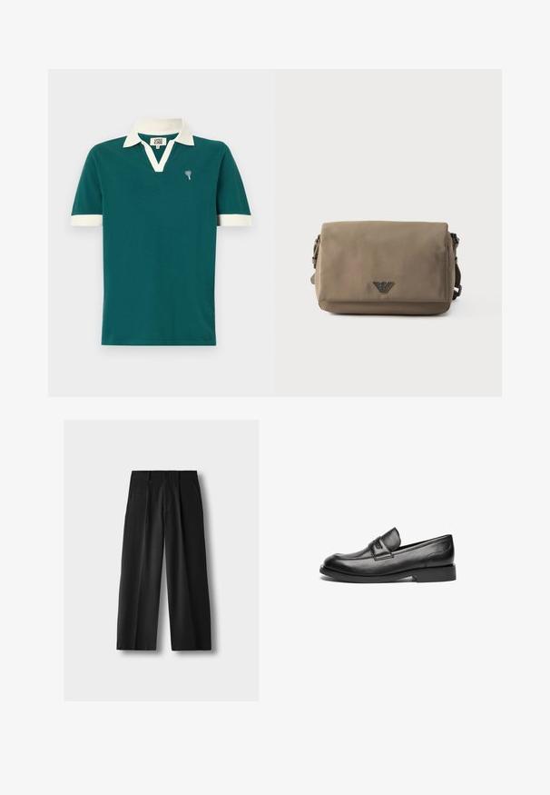 Teal poloshirt met een witte kraag en accenten op de mouwen. Heeft een v-halsontwerp en een klein decoratief embleem op de linkerborst.; Zwarte brede broek met hoge taille, voorplooien, zijzakken, riemlussen en een knoopsluiting, op een lichtgrijze achtergrond.; Zwarte leren loafers hebben een afgeronde neus, een gestikte naad over de bovenkant en een lage, platte rubbere zool. Gladde textuur zonder zichtbare patronen.; Rechthoekige taupekleurige crossbodytas met klep en een klein metalen logo-embleem gecentreerd aan de voorkant tegen een witte achtergrond.