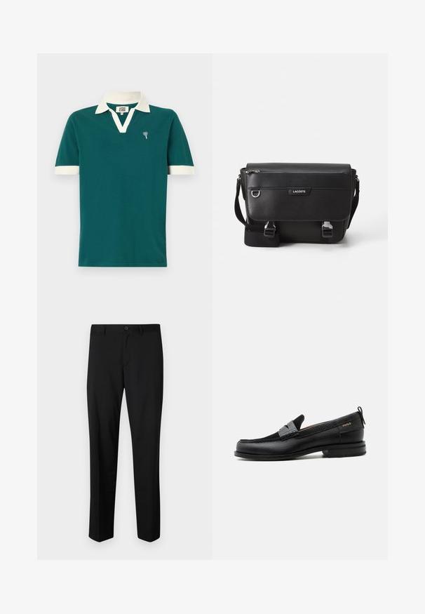 Polo en teal avec un col et des accents de manches blancs. Présente un design à col en V et un petit emblème décoratif sur la poitrine gauche.; Pantalons noirs ajustés avec une coupe plate, taille standard et jambes droites. Fabriqués en tissu lisse, dotés d'une fermeture à un bouton.; Mocassin en cuir noir avec détail de bride grise, talon bas et semelle texturée, marqué "HUGO" en or sur le côté.; Sac messager Lacoste noir texturé avec bandoulière ajustable, rabat avant, poche zippée et fermetures à boucle en métal.