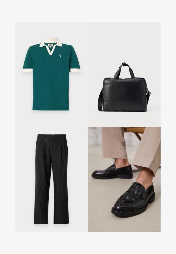 Polo de color teal con cuello y acentos en las mangas en blanco. Presenta un diseño de cuello en V y un pequeño emblema decorativo en el lado izquierdo del pecho.; Jack & Jones JPSTBILL JJDAYTONA WIDE CHINO - Pantalones chinos - black; Mocasines de cuero negro con un acabado suave, que cuentan con una correa decorativa y costuras en contraste, combinados con pantalones beiges.; Bolsa de viaje de cuero negro con forma rectangular, doble asa, correa de hombro desmontable y adornos mínimos.