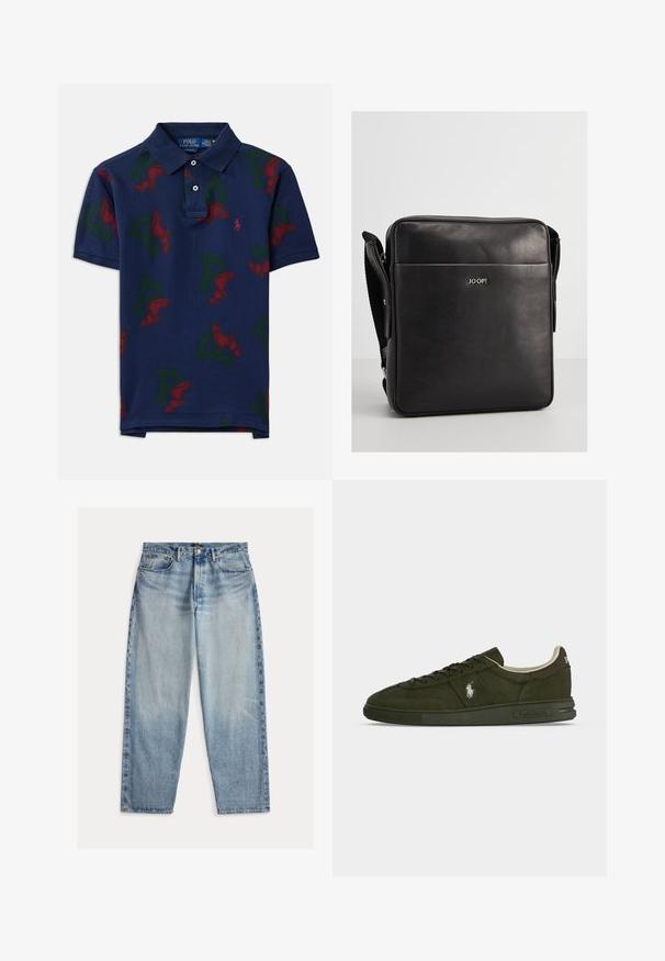 Marineblå bomulds polo med et gentaget mønster af røde vinger og grønne 'P' bogstaver, med en klassisk krave og tre-knaps lukning.; Lyseblå denimjeans med løs pasform. Har høj talje, fem lommer og synlige syninger. Overfladen er let tekstureret.; Mørkegrøn ruskind lavtop sneakers med snørebånd, Polo Ralph Lauren-logo på siden og hælstrop, hvid inderforing og tekstureret sål.; Sort læder messenger taske med en glat overflade, rektangulær form, justerbar rem og et guld logo på forsiden.