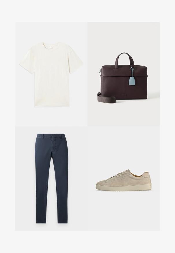 Korte ærmer, crew neck t-shirt i lys beige, blødt bomuldsstof med en afslappet pasform og uden synlige mønstre eller accenter.; Mørkeblå bukser med slim fit, lavet af en blanding af bomuldsstof. Har standard talje, frontlynlås og sidelommer.; Beige ruskind lavtop sneaker med snørelukning og tyk gummisål, vist fra siden på en ensfarvet hvid baggrund.; Mørkebrun lædermappe med top-håndtag, aftagelig skulderrem og lyseblå lædermærkat, der hænger fra et håndtag.