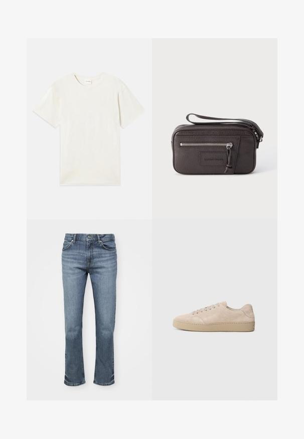 Korte ærmer, crew neck t-shirt i lys beige, blødt bomuldsstof med en afslappet pasform og uden synlige mønstre eller accenter.; Blå denimjeans har et lige ben design, fem lomme stil og en knaplukning med kontrastsying på sømmene.; Beige ruskinds sneaker med en rund tå, flade snørebånd og en tekstureret gummisål. Minimalistisk design med glatte kanter og diskret syning.; Mørkebrun tekstureret læderhåndledstaske med frontlynlåslomme og hovedlynlåslukning med løkkehåndledsrem.