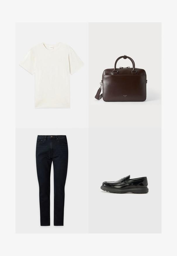 Kurzärmliges T-Shirt mit Rundhalsausschnitt in hellbeige, aus weicher Baumwolle mit lockerem Schnitt und ohne sichtbare Muster oder Akzente.; Schwarze Slim-Fit-Jeans mit Vorderknopf und Reißverschluss, Fünf-Taschen-Stil, flach auf hellem Hintergrund gezeigt.; Schwarze Lederloafer mit glanzendem Finish, abgerundetem Zehenbereich, subtilen Steppnähten und einer dicken Gummisohle für Langlebigkeit.; Dunkelbraune Lederaktentasche mit zwei Griffen, einem abnehmbaren Schulterriemen und einem kleinen Logo vorne auf schlichtem Hintergrund.