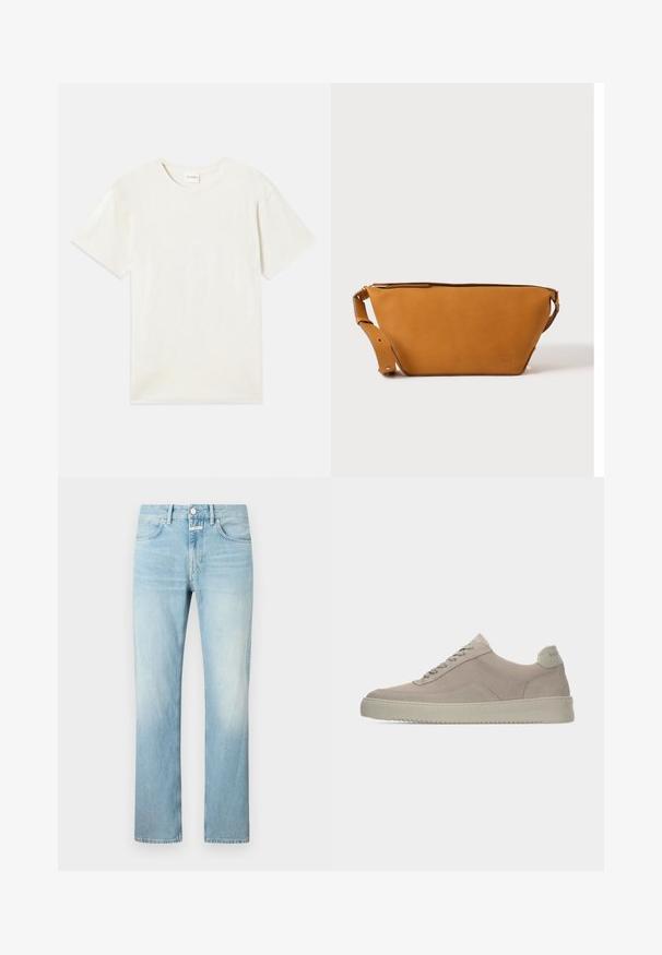 Kurzärmliges T-Shirt mit Rundhalsausschnitt in hellbeige, aus weicher Baumwolle mit lockerem Schnitt und ohne sichtbare Muster oder Akzente.; Hellblaue Denim-Jeans mit geradem Bein, ausgestattet mit einem klassischen Fünf-Taschen-Design und einem Knopfverschluss.; Beige Wildledersneaker mit strukturierter Oberfläche, abgerundeter Zehenpartie und tonalen Schnürsenkeln. Verfügt über eine dicke Gummisohle und dezente Markenkennzeichnung an der Ferse.; Hellbraune Leder-Umhängetasche mit verstellbarem Schulterriemen und Reißverschluss, vor einem schlichten hellen Hintergrund gezeigt.
