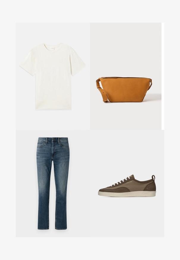 T-shirt à manches courtes, col rond en beige clair, texture en coton doux avec une coupe décontractée et sans motifs ni accents visibles.; Jeans en denim bleu foncé à jambe droite. Les caractéristiques comprennent des poches avant, une fermeture à bouton et un léger délavage près des cuisses.; Baskets basses marron à profil bas avec lacets blancs, semelle beige, dessus en tissu et daim, languette latérale et logo "Tiger of Sweden" en texte doré.; Sac bandoulière en cuir marron clair avec sangle réglable et fermeture éclair, présenté sur un fond clair uni.