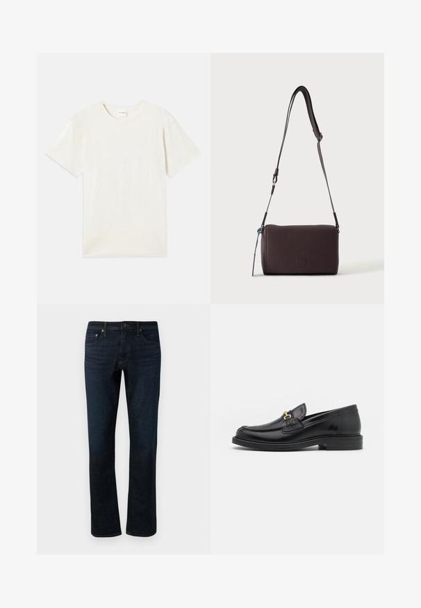 Korte ærmer, crew neck t-shirt i lys beige, blødt bomuldsstof med en afslappet pasform og uden synlige mønstre eller accenter.; Mørkeblå denimjeans med lige ben, der har et klassisk fem-lomme design og subtile syninger.; Sorte læder loafers med en rund tå, der har guld hardware accent og syningsdetaljer, placeret på en lav, tekstureret gummisål.; Mørkebrun textured læder crossbody taske med justerbar rem og lille dekorativ blå accent på siden.
