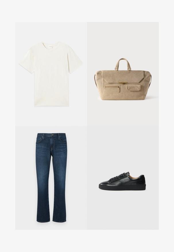 T-shirt à manches courtes, col rond en beige clair, texture en coton doux avec une coupe décontractée et sans motifs ni accents visibles.; Jean en denim bleu foncé avec une coupe droite, cinq poches et une fermeture à bouton en métal. Texture lisse avec un léger dégradé.; Baskets en cuir noir avec une texture lisse, bout rond et fermeture à lacets. Comprend une semelle en caoutchouc épaisse et un minimum de détails de marque.; Sac de week-end beige en velours côtelé avec double poignées, fermeture à rabat, poche zippée à l'avant et petite poche à rabat sur fond blanc.