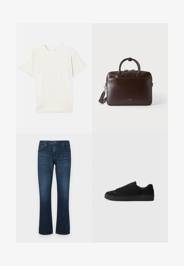 Korte ærmer, crew neck t-shirt i lys beige, blødt bomuldsstof med en afslappet pasform og uden synlige mønstre eller accenter.; Mørkeblå denimjeans med lige ben-design, fem lommer og metalknap-lukning. Glat tekstur med subtil falming.; Sort semsket sneakers med en flad, tekstureret sål, rund tå, seks snørrehuller og et minimalistisk design.; Mørkebrun lædertaske med to håndtag, en aftagelig skulderrem og et lille logo foran på en ensfarvet baggrund.