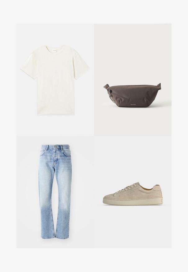 Korte mouwen, ronde hals t-shirt in licht beige, zachte katoenen textuur met een relaxte pasvorm en zonder zichtbare patronen of accenten.; Lichtblauwe denim jeans met een rechte pijp. Voorzien van een vijf-pocket ontwerp, knoopsluiting en een vervaagde textuur naar de onderkant.; Beige suède lage sneaker met vetersluiting en dikke rubberen zool, gezien vanaf de zijkant op een effen witte achtergrond.; Donkerbruine stoffen heuptas met diagonale ritssluiting en klein wit logo aan de voorkant, tegen een effen lichte achtergrond.