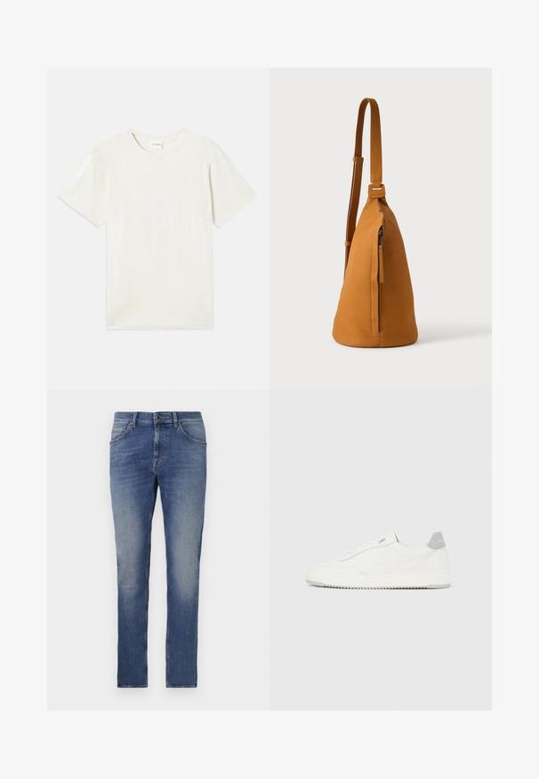 Camiseta de manga corta, cuello redondo en color beige claro, con una textura de algodón suave, corte relajado y sin patrones ni acentos visibles.; Jeans de mezclilla en azul medio con unlavado ligero, diseño de cinco bolsillos, forma de pierna recta y cierre de botón. Presentan un ligero desvanecimiento y sutiles acentos de costura.; Zapatilla blanca de corte bajo con pestaña en el talón gris, cordones blancos y suela texturizada, presentada sobre un fondo claro y liso.; Bolso bandolera de piel color canela con correa ajustable y bolsillo vertical con cremallera, mostrado de lado sobre un fondo claro y liso.