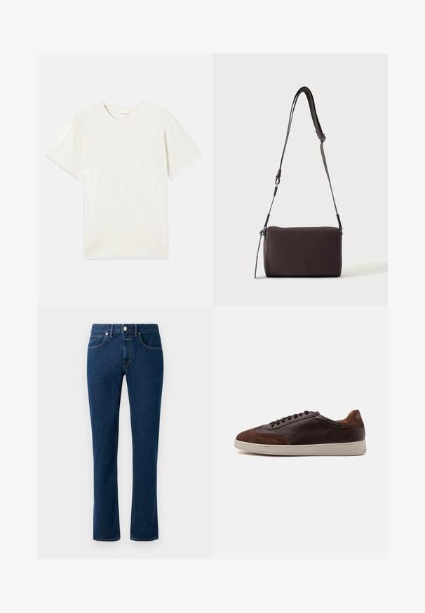 Korte mouwen, ronde hals t-shirt in licht beige, zachte katoenen textuur met een relaxte pasvorm en zonder zichtbare patronen of accenten.; Donkerblauwe denim jeans met een slim recht model, klassieke vijf-pocket stijl en een knoopsluiting bij de taille.; Lage bruine leren en suède sneaker met donkerbruine veters en een witte rubberen zool, gezien vanaf de buitenkant.; Donkerbruine gestructureerde leren crossbodytas met verstelbare riem en klein decoratief blauw accent aan de zijkant.