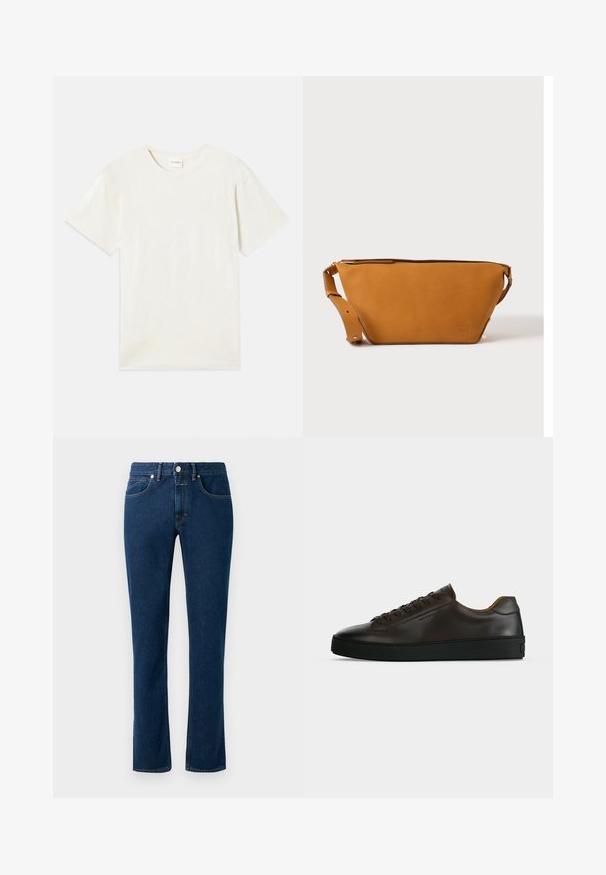 Camiseta de manga corta, cuello redondo en color beige claro, con una textura de algodón suave, corte relajado y sin patrones ni acentos visibles.; Vaqueros de denim azul oscuro con un diseño de pierna recta ajustada, estilo clásico de cinco bolsillos y cierre de botón en la cintura.; Zapatilla de perfil bajo de cuero marrón oscuro con suela de goma negra, cierre de cordones y diseño liso y minimalista sobre un fondo claro.; Bolso bandolera de cuero marrón claro con correa ajustable y cierre de cremallera, mostrado sobre un fondo claro y liso.